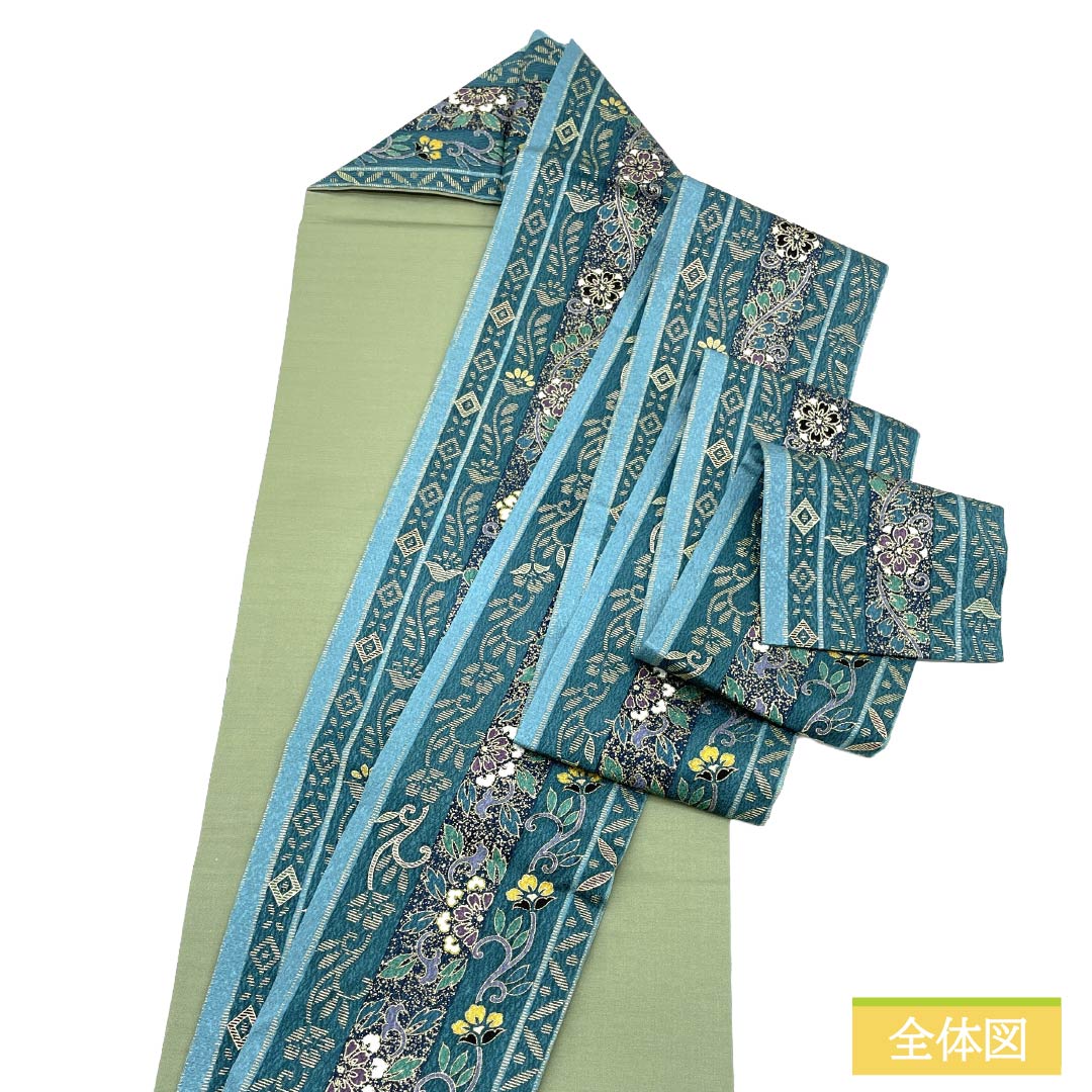 名古屋帯 正絹 Aランク 名古屋仕立て 深藍色（ふかきあいいろ） 更紗 縞 長尺 帯丈407cm 全通 セミフォーマル 青系 1124011643417