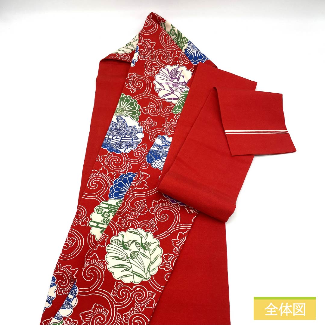 Nagoya Obi, Pure Silk, A Rank, Turkish Red, Stenciled, Classic Pattern, Flower Wreath, Obi Length 367cm, Rokutsu, Casual, Red Tones, 1124011423312, Nagoya Tailoring