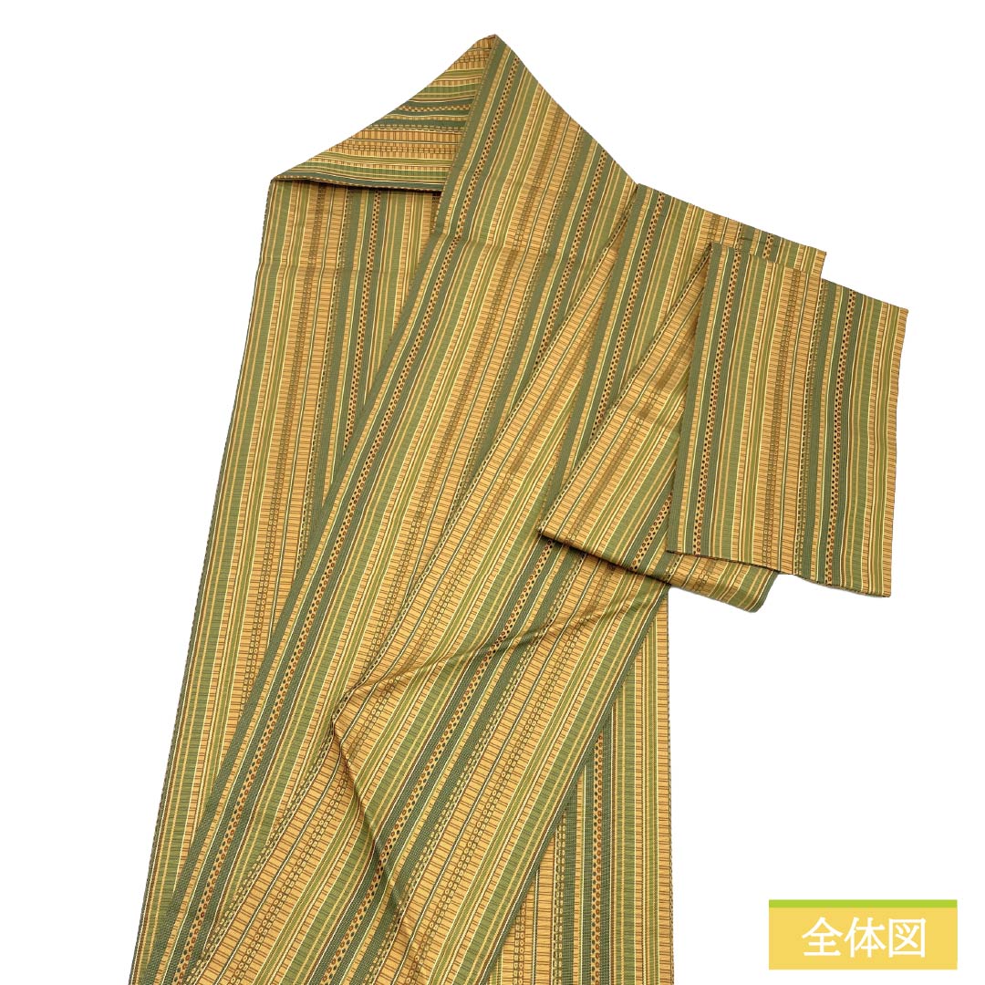 Nagoya obi, genuine silk, A rank, Nagoya tailoring, taupe/green, striped, geometric pattern, obi length 370cm, full pattern, casual, gradient, 1124011633399