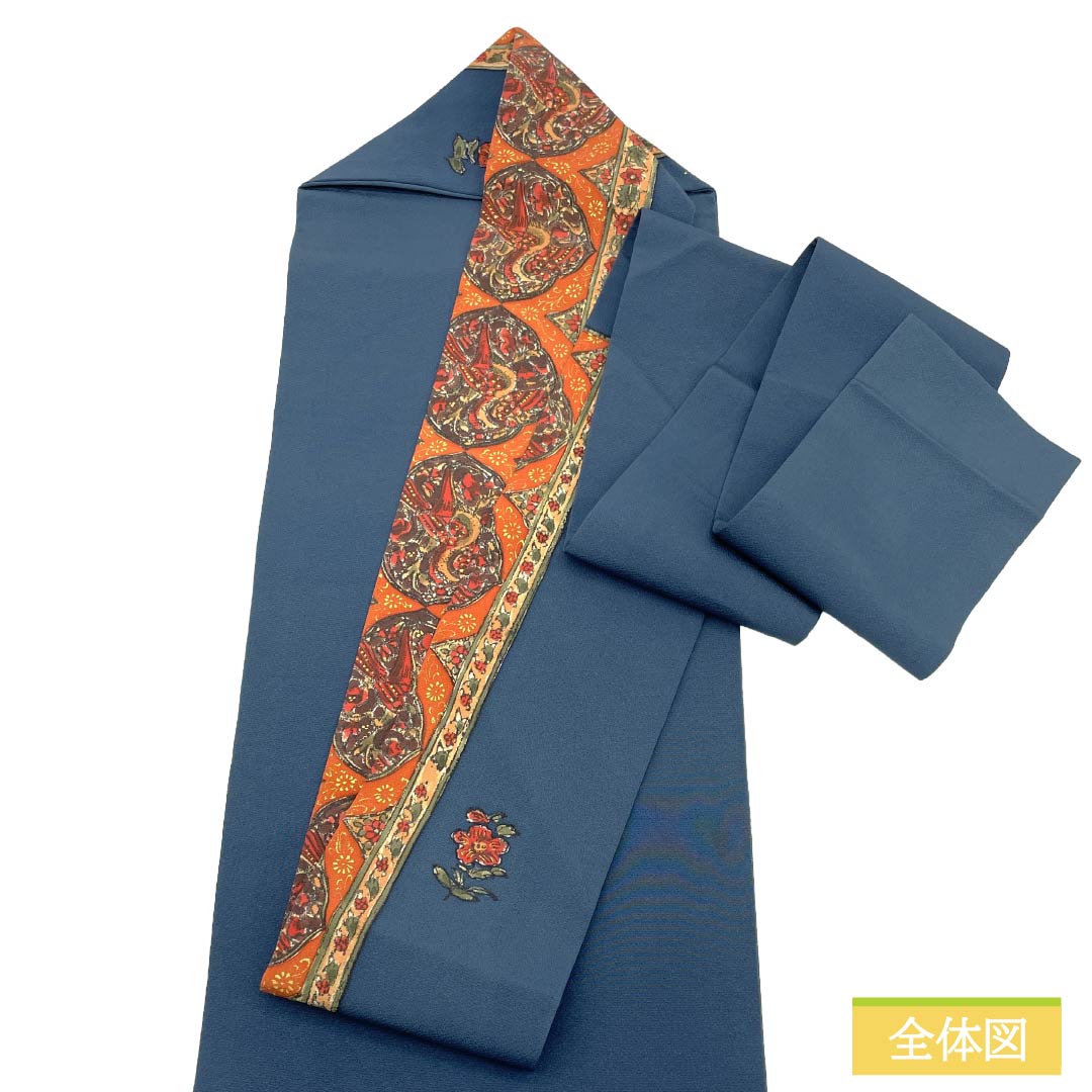 Nagoya obi, genuine silk, S rank, Nagoya tailoring, dark bluish gray, dyed obi, sarasa pattern, obi length 350cm, rokutsu, casual, navy blue system, 1124011882318