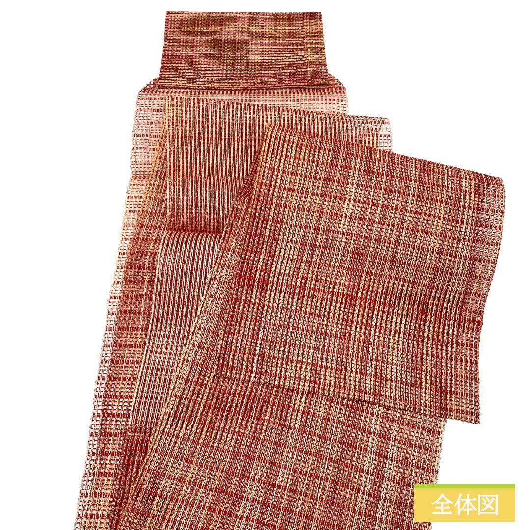 名古屋帯 正絹 Sランク 松葉仕立て 赤紅色（あかべにいろ） 夏帯 縞 トンネル仕立て 帯丈376cm 全通 カジュアル 赤系 1124012862312