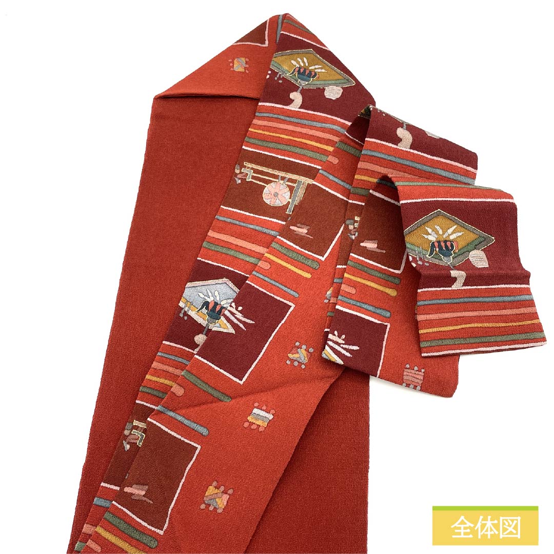 名古屋帯 正絹 Aランク 牛血紅色（ぎゅうけつこういろ） 型染 ふるさと 糸巻 帯丈362cm 全通 カジュアル 赤系 1124011563312 名古屋仕立て