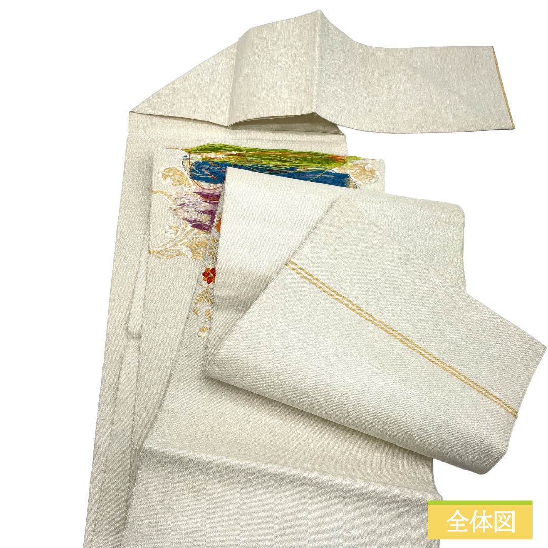 名古屋帯 正絹 Aランク 松葉仕立て 銀色（ぎんいろ） 花文様 綴れ織り 帯丈355cm ポイント柄 セミフォーマル 銀系 1124012783322