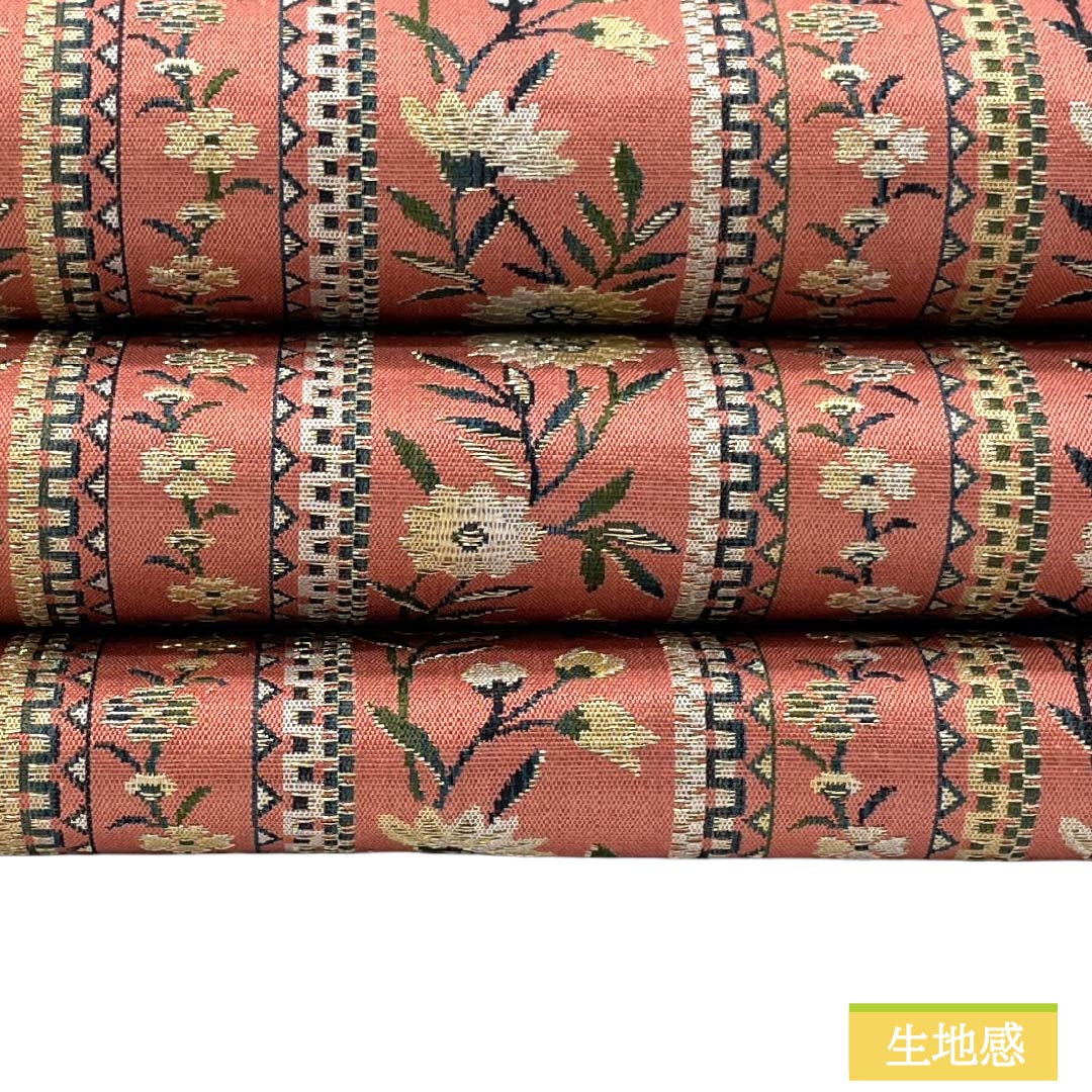 名古屋帯 正絹 Sランク 松葉仕立て 紅梅色（こうばいいろ） 縞 小花柄 帯丈330cm 全通 カジュアル ピンク系 1124012362313