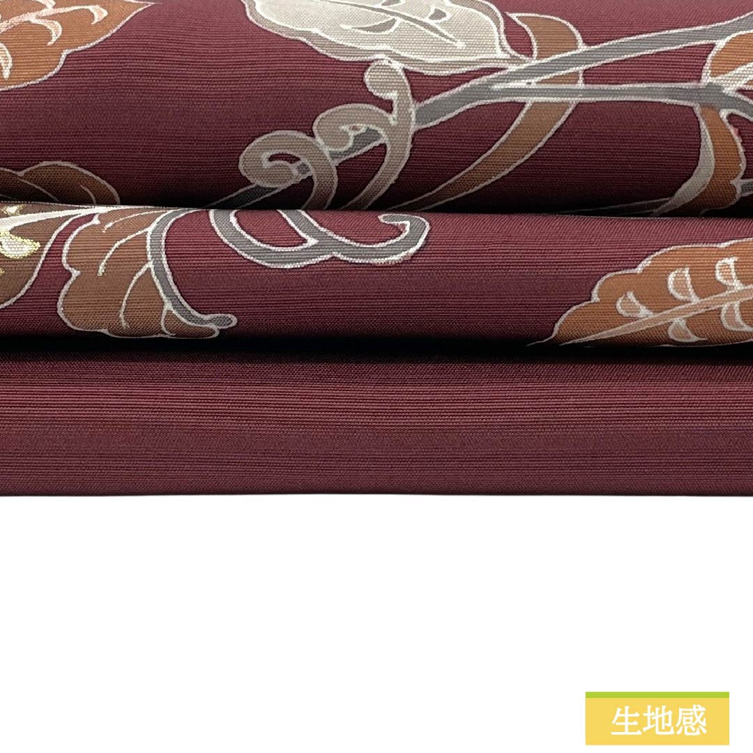 Nagoya obi, genuine silk, A rank, Nagoya tailoring, mokuran-jiki (magnolia color), dyed obi, shioze (crepe silk), arabesque pattern, obi length 380cm, point pattern, semi-formal, brown family, 1124012003414