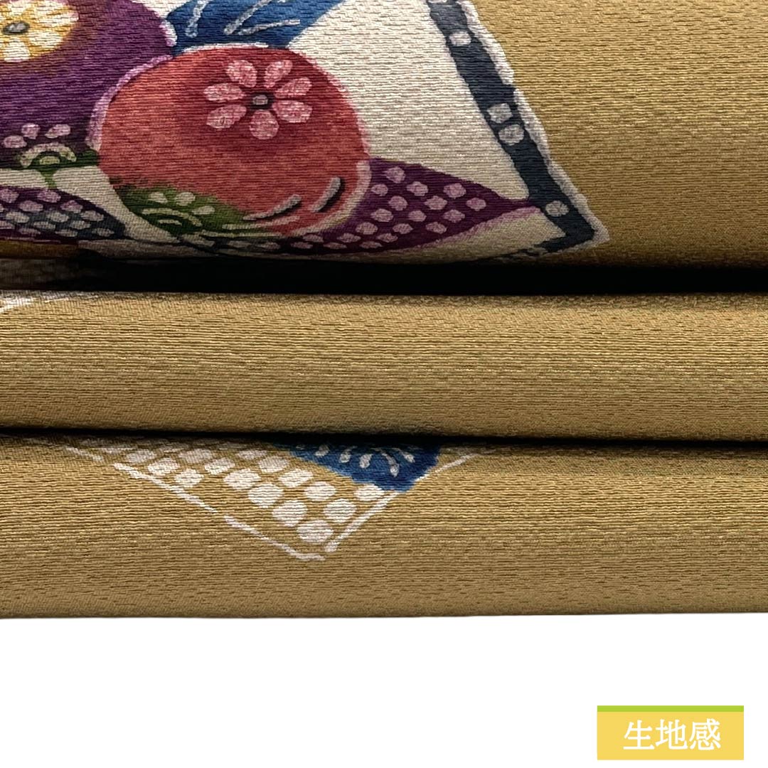 名古屋帯 正絹 Aランク 名古屋仕立て 胡桃色（くるみいろ） 型染 古典柄 野菜 帯丈362cm 全通 カジュアル ベージュ系 1124012123325