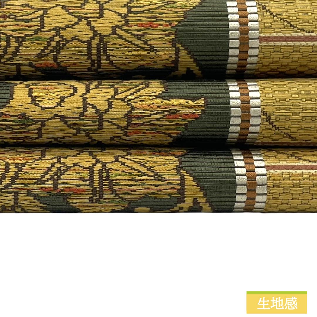 名古屋帯 正絹 Sランク 松葉仕立て 黄土色（おうどいろ） 唐花模様 古典柄 帯丈362cm 六通 カジュアル 黄系 1124011872323