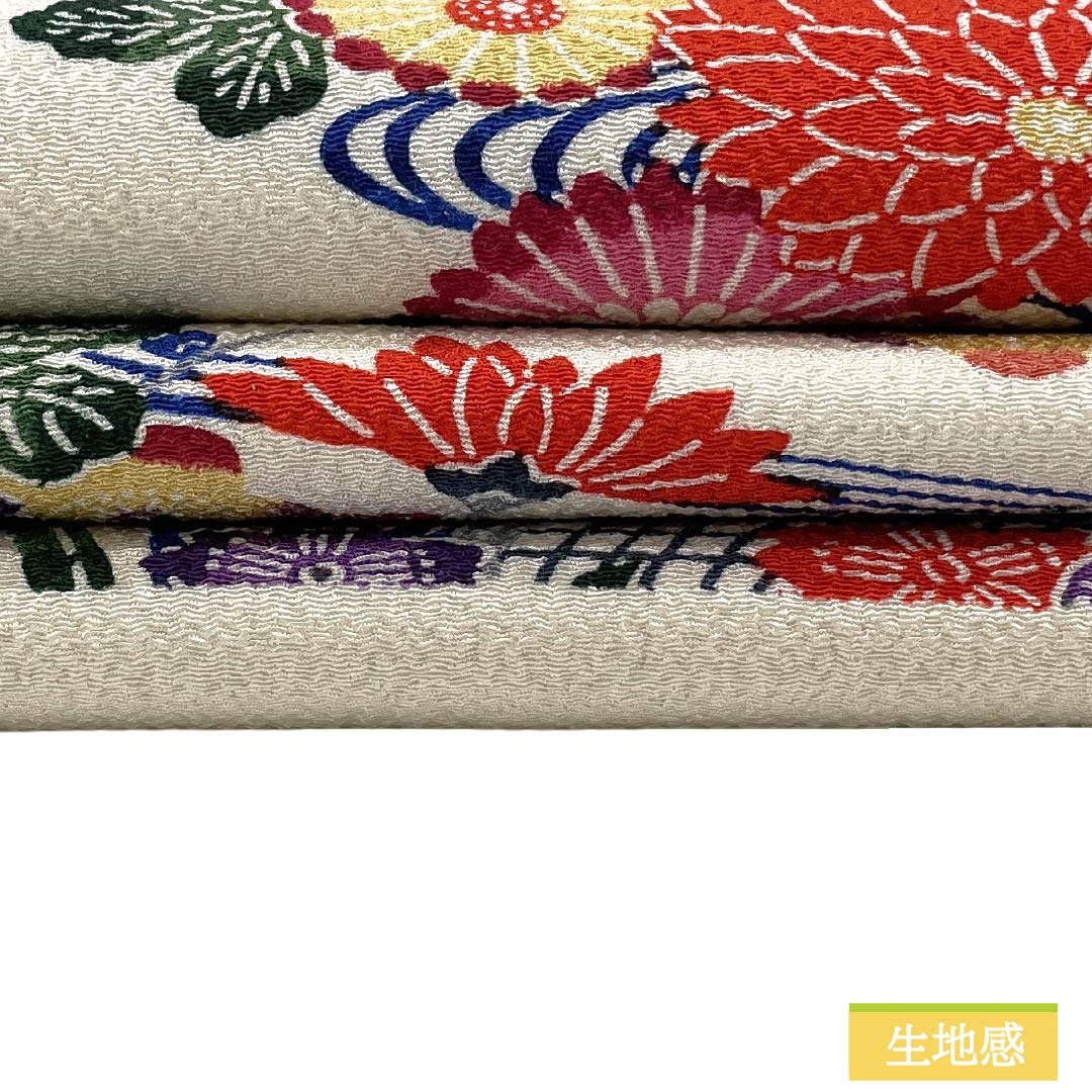 名古屋帯 正絹 Sランク 名古屋仕立て 乳白色（にゅうはくしょく） 京紅型 花柄 ちりめん地 帯丈336cm 全通 カジュアル 白系 1124011742311
