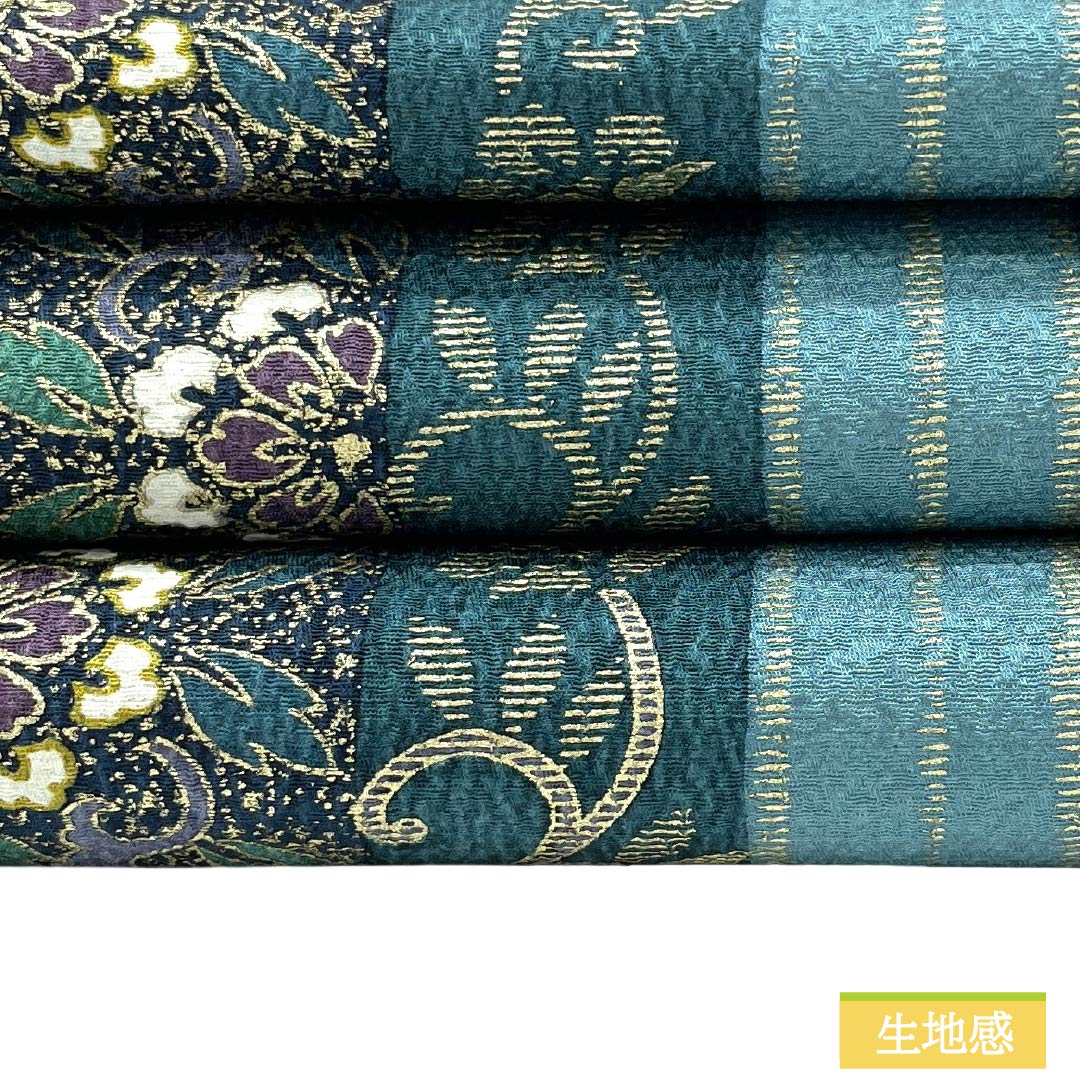 名古屋帯 正絹 Aランク 名古屋仕立て 深藍色（ふかきあいいろ） 更紗 縞 長尺 帯丈407cm 全通 セミフォーマル 青系 1124011643417