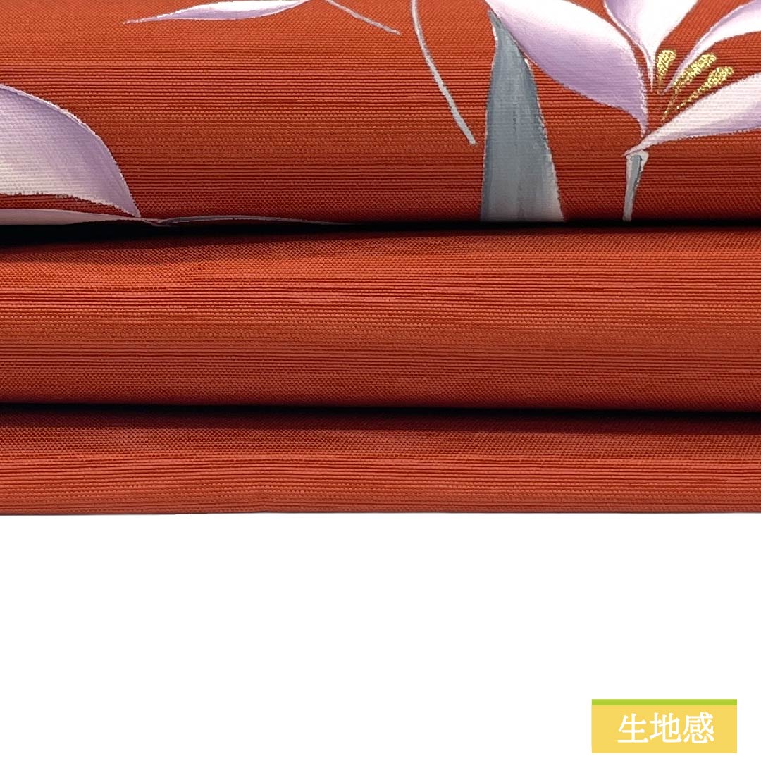 Nagoya obi, genuine silk, A rank, Nagoya tailoring, deep autumn leaf color, dyed obi, Shioze, abstract floral pattern, obi length 352cm, partial pattern, semi-formal, vermilion family, 1124011863316