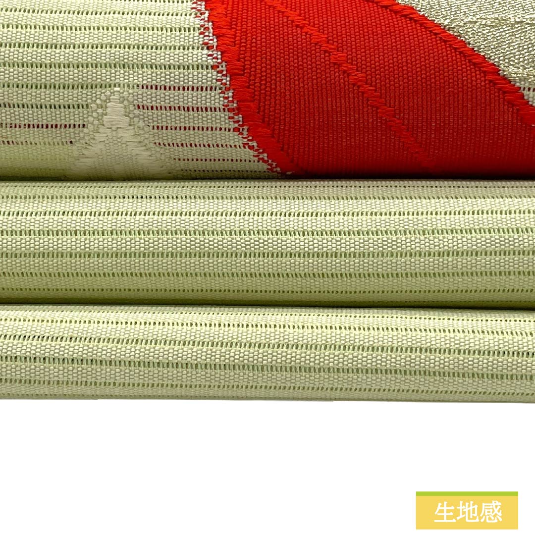 名古屋帯 正絹 Aランク 名古屋仕立て 若芽色（わかめいろ） 夏帯 古典柄 紅葉 帯丈334cm ポイント柄 セミフォーマル 緑系 1124013033319