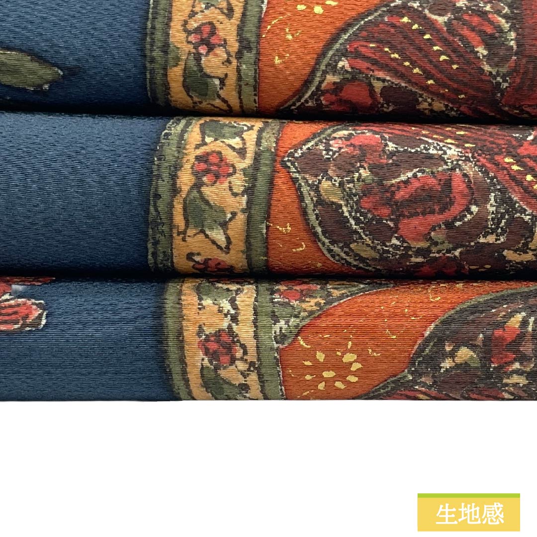 Nagoya obi, genuine silk, S rank, Nagoya tailoring, dark bluish gray, dyed obi, sarasa pattern, obi length 350cm, rokutsu, casual, navy blue system, 1124011882318