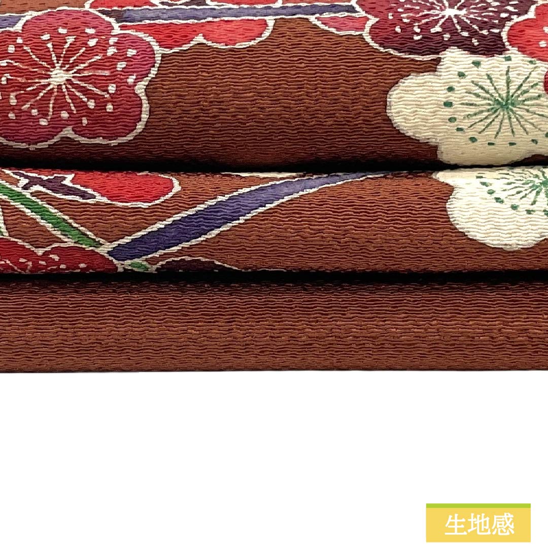 名古屋帯 正絹 Aランク 名古屋仕立て 赤銅色（しゃくどういろ） 型染 古典柄 梅の木 帯丈350cm ポイント柄 カジュアル 茶系 1124012143314