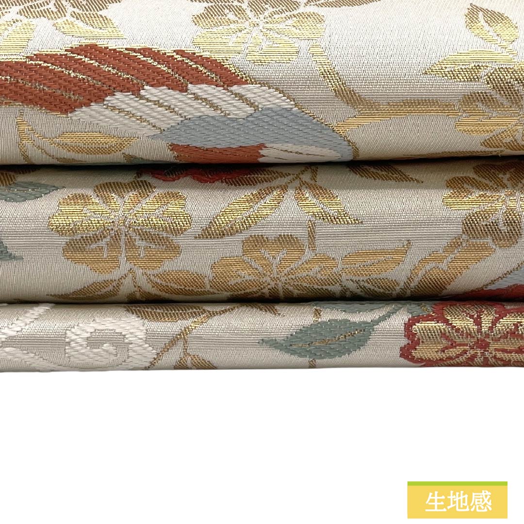 名古屋帯 正絹 Aランク 名古屋仕立て 乳白色（にゅうはくしょく） 慶長柄 古典柄  帯丈358cm 六通 セミフォーマル クリーム系 1124011853315