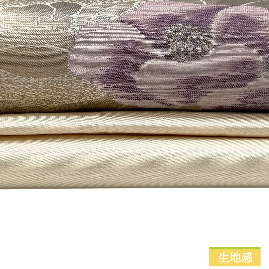 Nagoya obi, genuine silk, Rank A, Nagoya tailoring, ecru, classic pattern with camellia in circles, obi length 358cm, partial pattern, semi-formal, white-based, 1124012673311