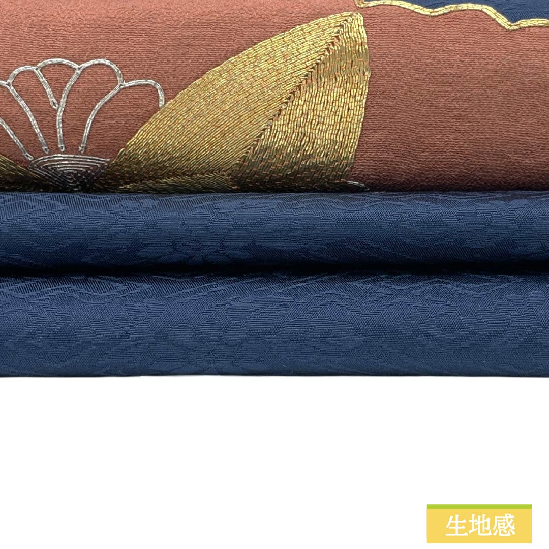 名古屋帯 正絹 Sランク 名古屋仕立て 韓藍色（からあいいろ） 抽象柄 紗綾形 金駒刺繡 帯丈348cm ポイント柄 セミフォーマル 紺系 1124012742318