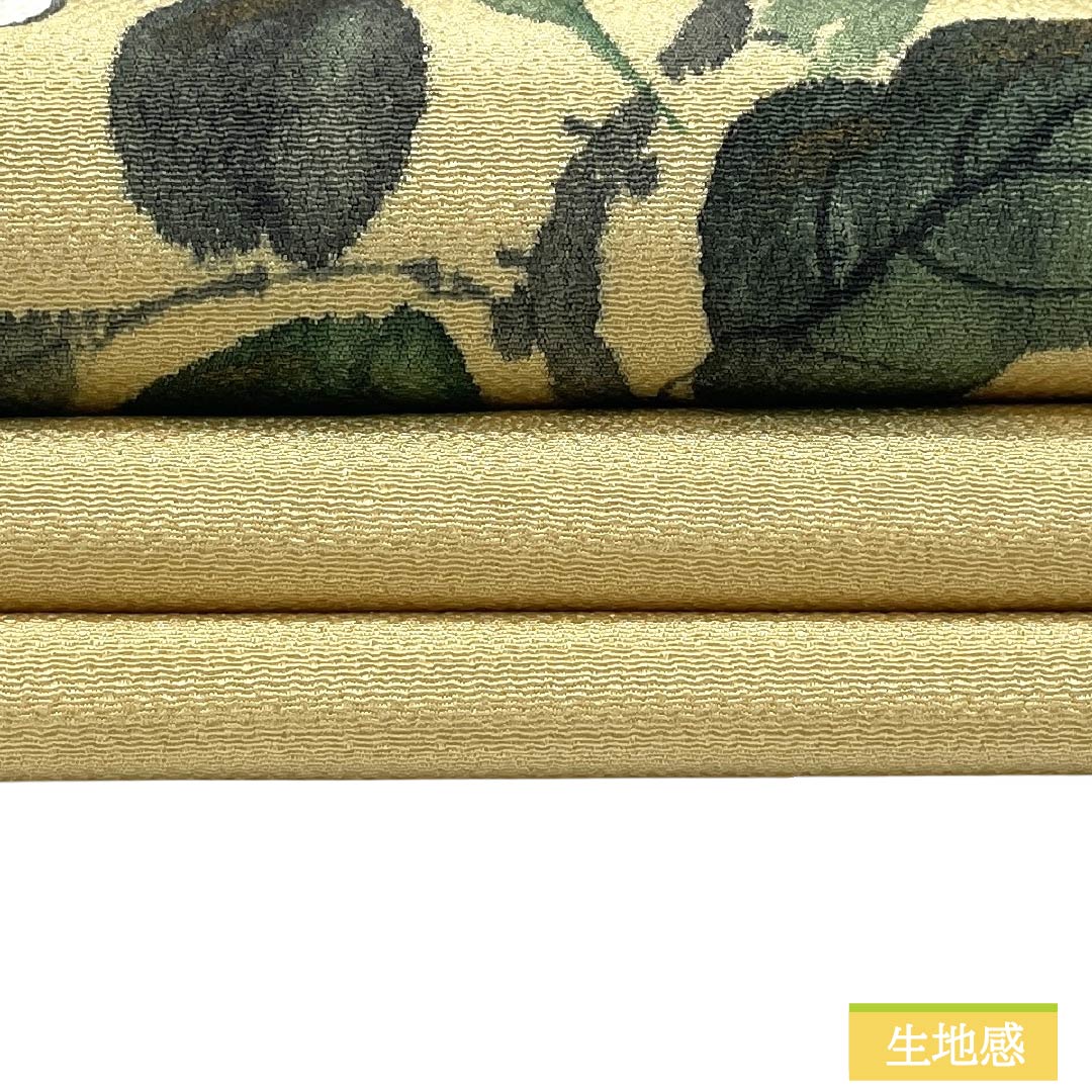 Nagoya obi, genuine silk, A rank, Nagoya-style tailoring, eggshell color, chirimen fabric, dyed reeds and floral patterns, obi length 363cm, partial pattern, casual, yellow tones