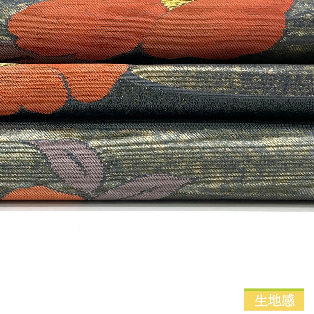 Nagoya obi, genuine silk, A rank, Matsuba-shitate, Tetsunezumi-iro (dark gray), Kinryosoka-mon, Tanaka Fumiko, floral pattern, obi length 358cm, rokkutsu, semi-formal, gray系, 1124011583322