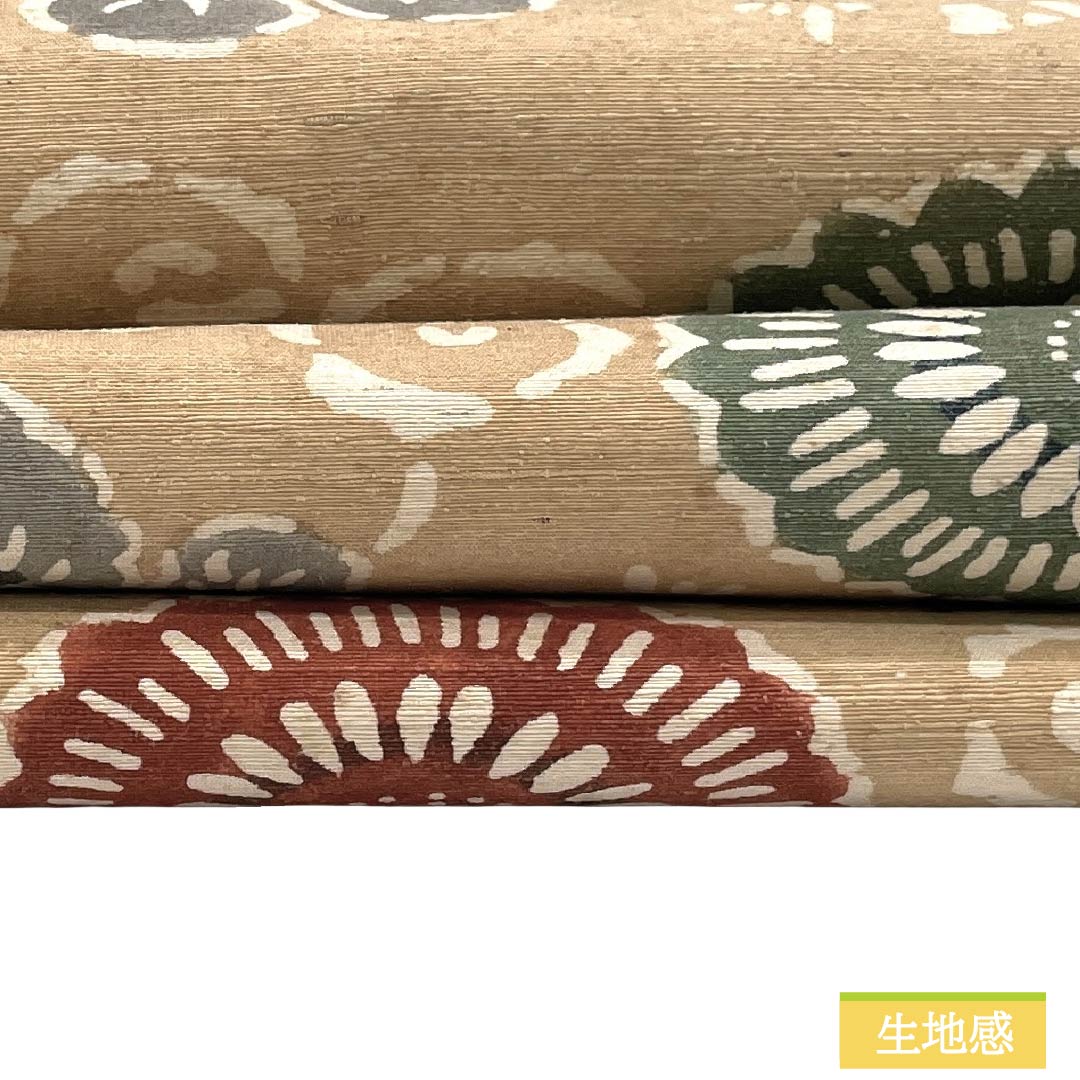 名古屋帯 正絹 Aランク 名古屋仕立て 山吹鼠色（やまぶきねずいろ） 型染 更紗模様 花柄 帯丈357cm 六通 カジュアル ベージュ系 1124012163325