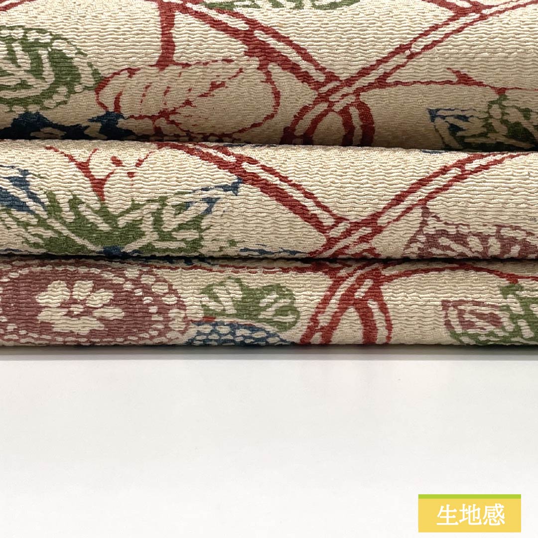 Nagoya obi, genuine silk, S-rank, Tonoko-iro (light beige), Kyo-bingata, tatewaku (wavy lines), plant motif, obi length 336cm, zen-tsu (pattern throughout), casual, beige tones, 1124011182325, Nagoya tailoring