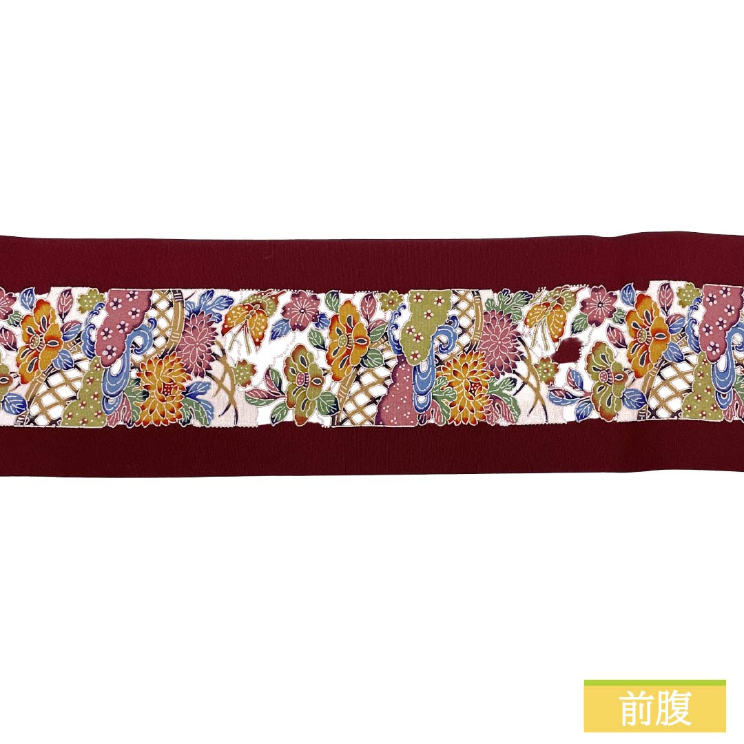 Nagoya obi, genuine silk, Rank A, Nagoya tailoring, Mokuran-iro (pale yellow), Kyo-bingata, stripes, classical pattern, obi length 360cm, full-width pattern, casual, purple-tones, 1124011693320