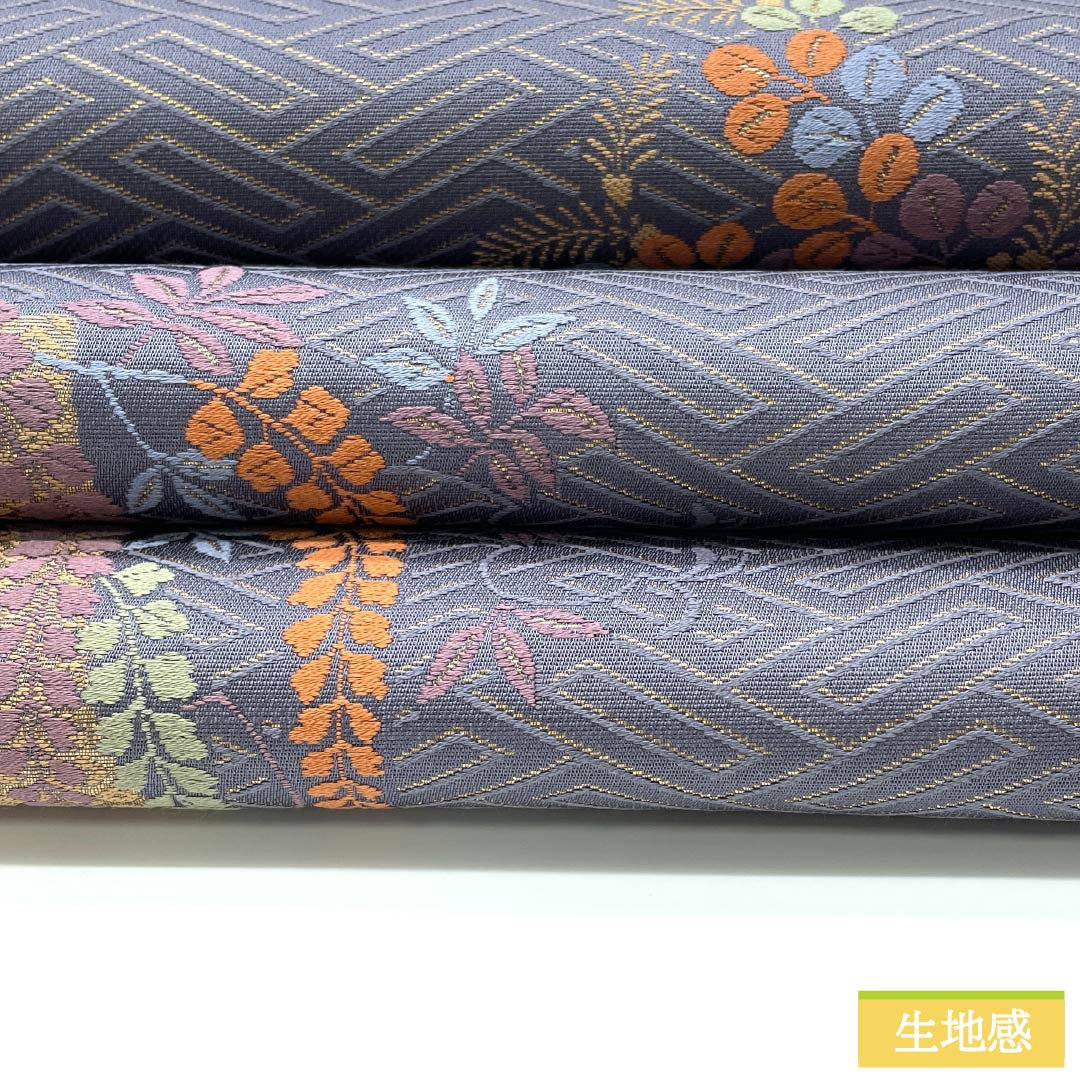 袋帯 正絹 鳩羽紫色（はとばむらさき）いろ 西陣織 秋草 藤 萩 帯丈424cm Sランク 六通 セミフォーマル 紫系 1123012902320