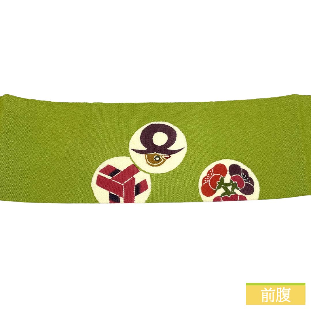 Nagoya obi, genuine silk, Rank A, Nagoya tailoring, koenshoku (light greenish yellow) with katazome, classic patterns, circular classic pattern, obi length 342cm, point pattern, casual, green tones, 1124011933319