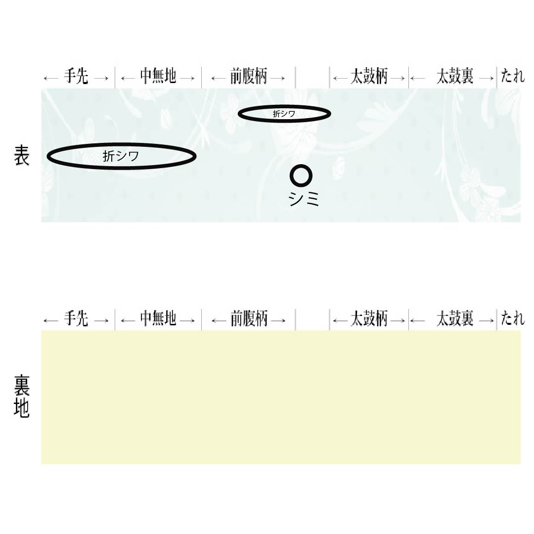 Nagoya obi, genuine silk, A rank, Nagoya-style tailoring, eggshell color, chirimen fabric, dyed reeds and floral patterns, obi length 363cm, partial pattern, casual, yellow tones