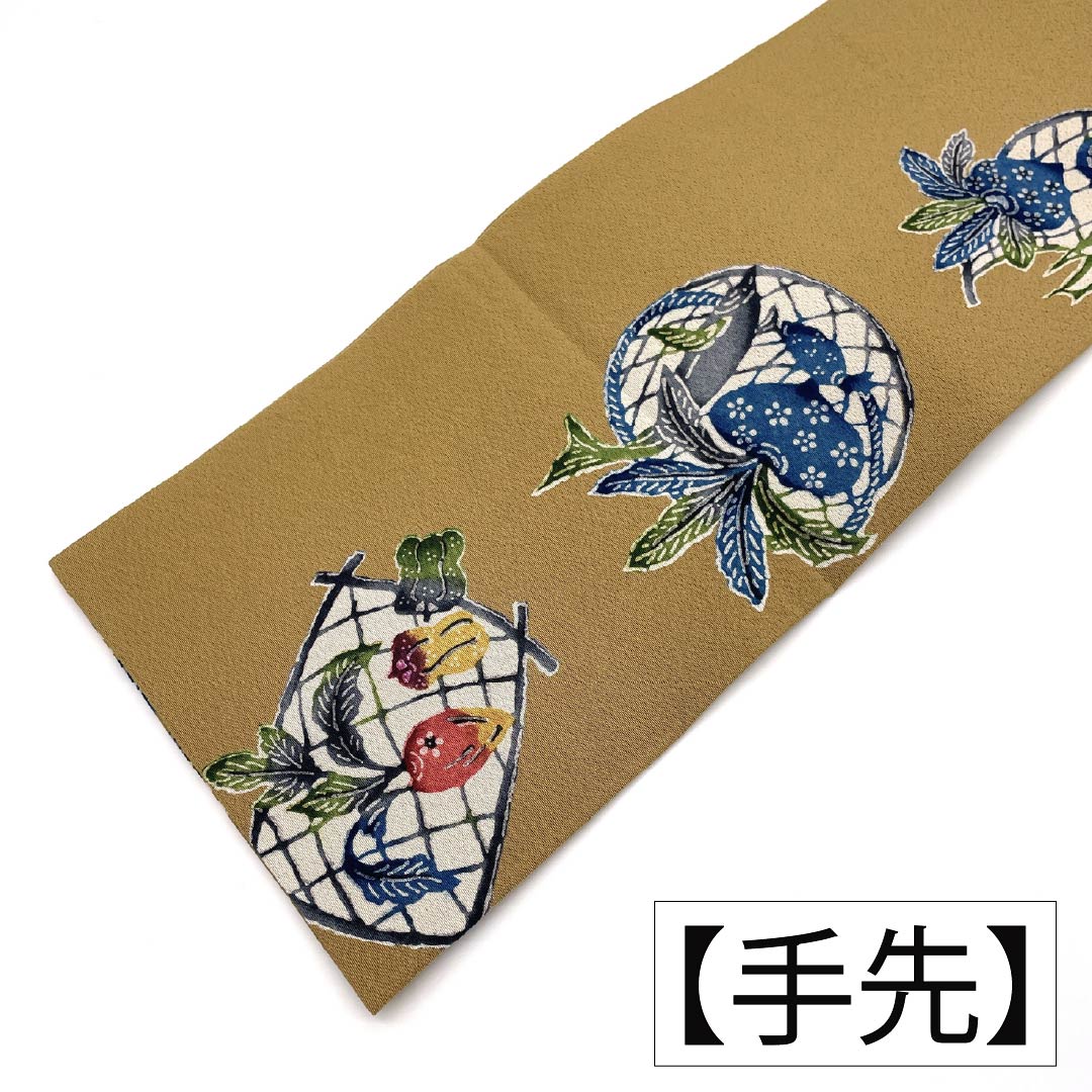 名古屋帯 正絹 Aランク 名古屋仕立て 胡桃色（くるみいろ） 型染 古典柄 野菜 帯丈362cm 全通 カジュアル ベージュ系 1124012123325
