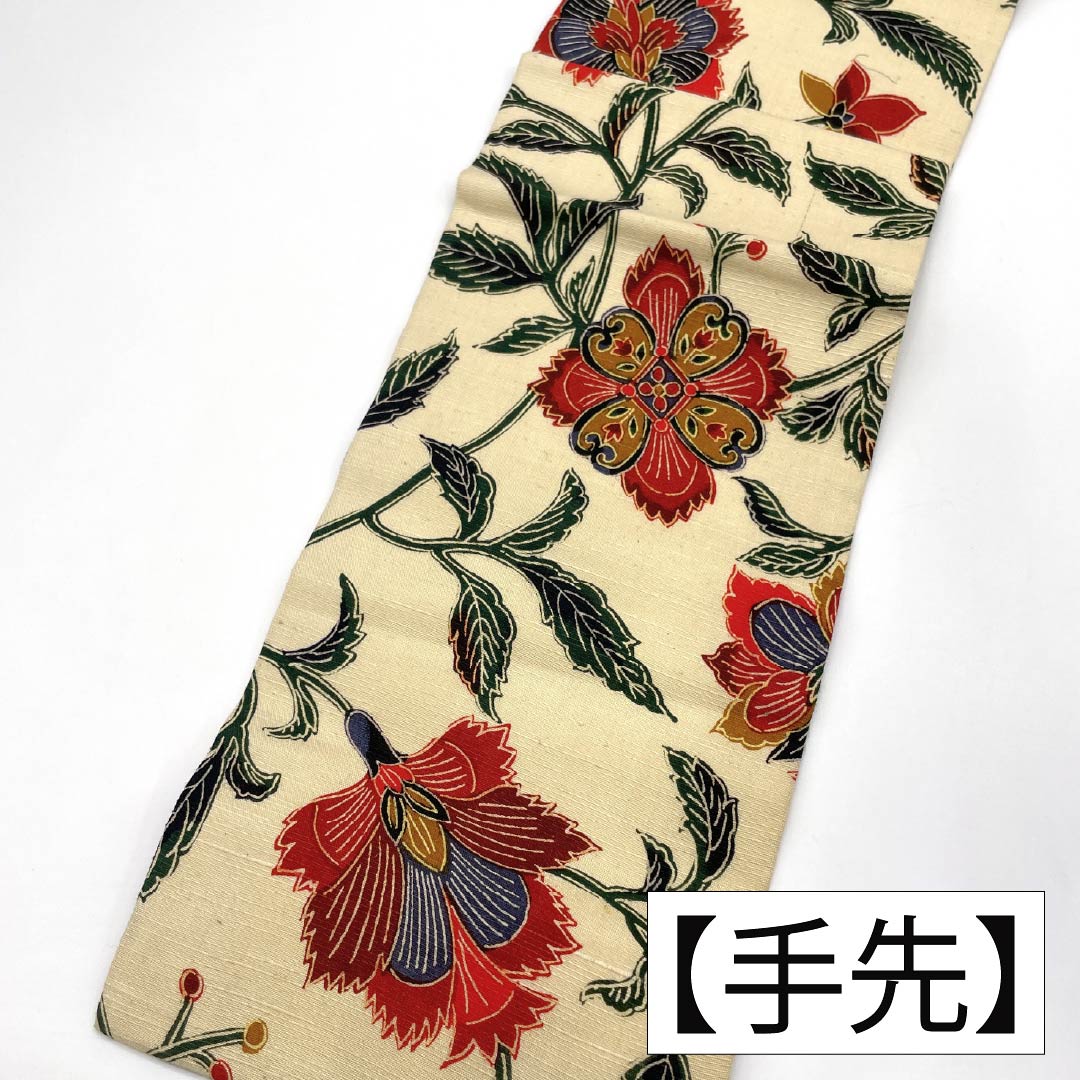 名古屋帯 正絹 Aランク 名古屋仕立て 東京白茶色（とうきょうしらちゃいろ） 型染 更紗模様 唐花 帯丈365cm 全通 カジュアル クリーム系 1124012153315