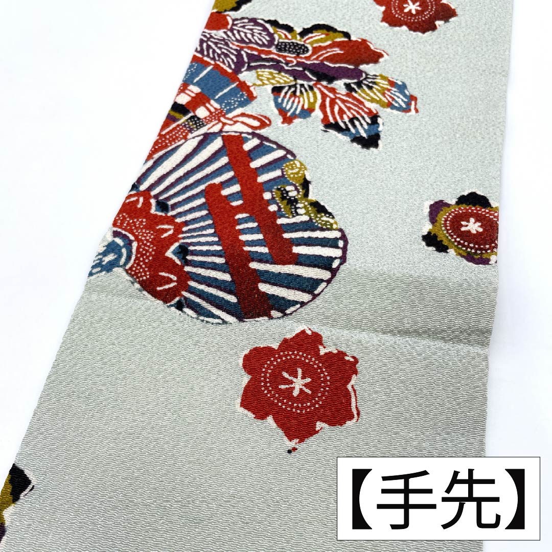 名古屋帯 正絹 Aランク 青白磁色（せいはくじいろ） 型染 扇 花 帯丈350cm 全通 カジュアル 水色系 1124011573324 名古屋仕立て