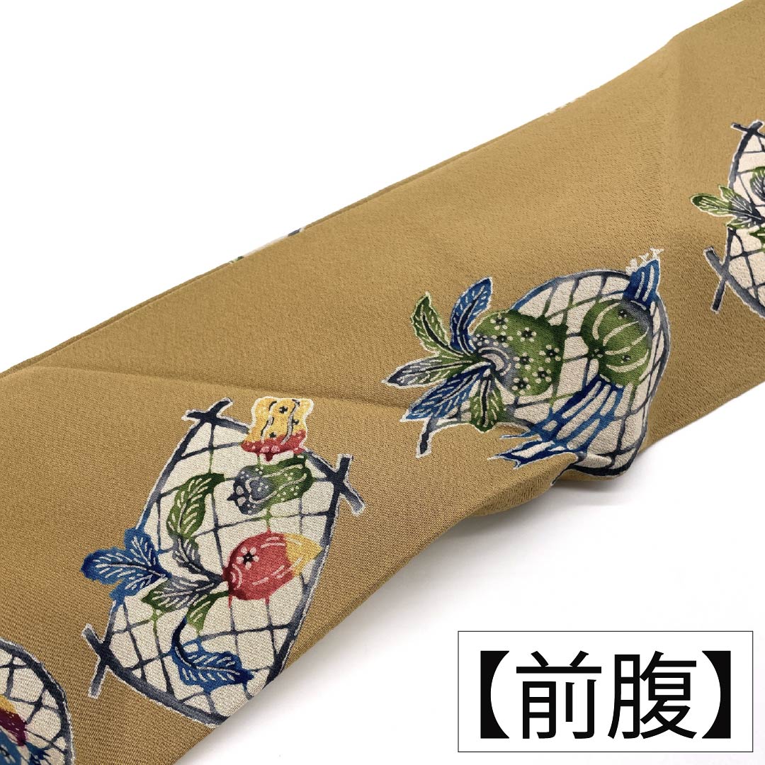 名古屋帯 正絹 Aランク 名古屋仕立て 胡桃色（くるみいろ） 型染 古典柄 野菜 帯丈362cm 全通 カジュアル ベージュ系 1124012123325