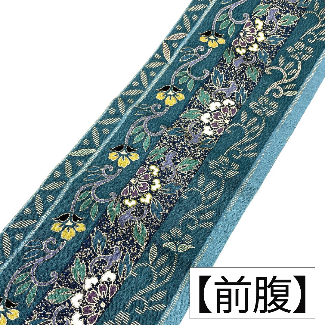 名古屋帯 正絹 Aランク 名古屋仕立て 深藍色（ふかきあいいろ） 更紗 縞 長尺 帯丈407cm 全通 セミフォーマル 青系 1124011643417