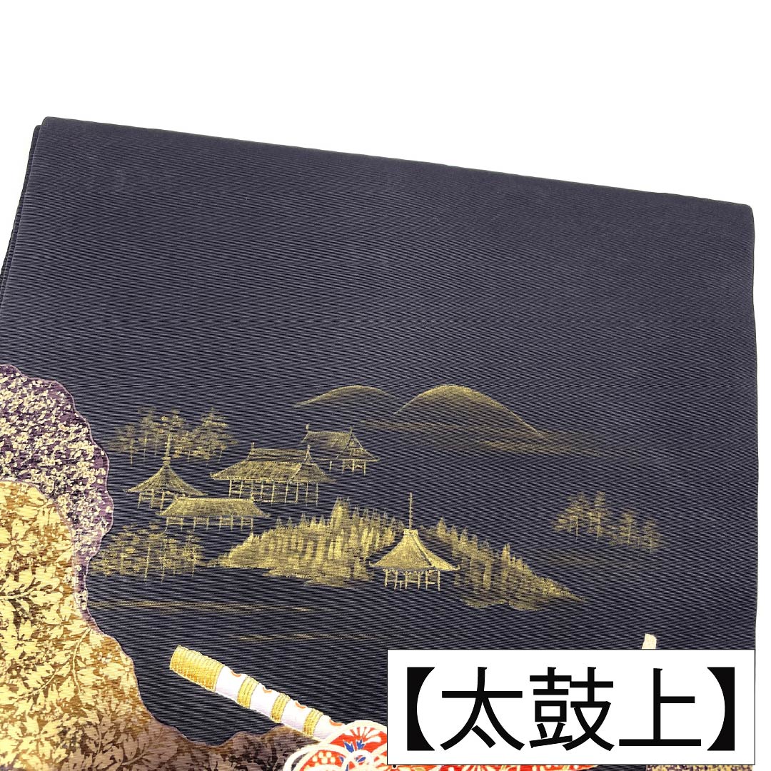 名古屋帯 正絹 Aランク 名古屋仕立て 黒鼠色（くろねずいろ） 古典柄 塩瀬 和楽器 帯丈370cm ポイント柄 セミフォーマル 黒系 1124012573310