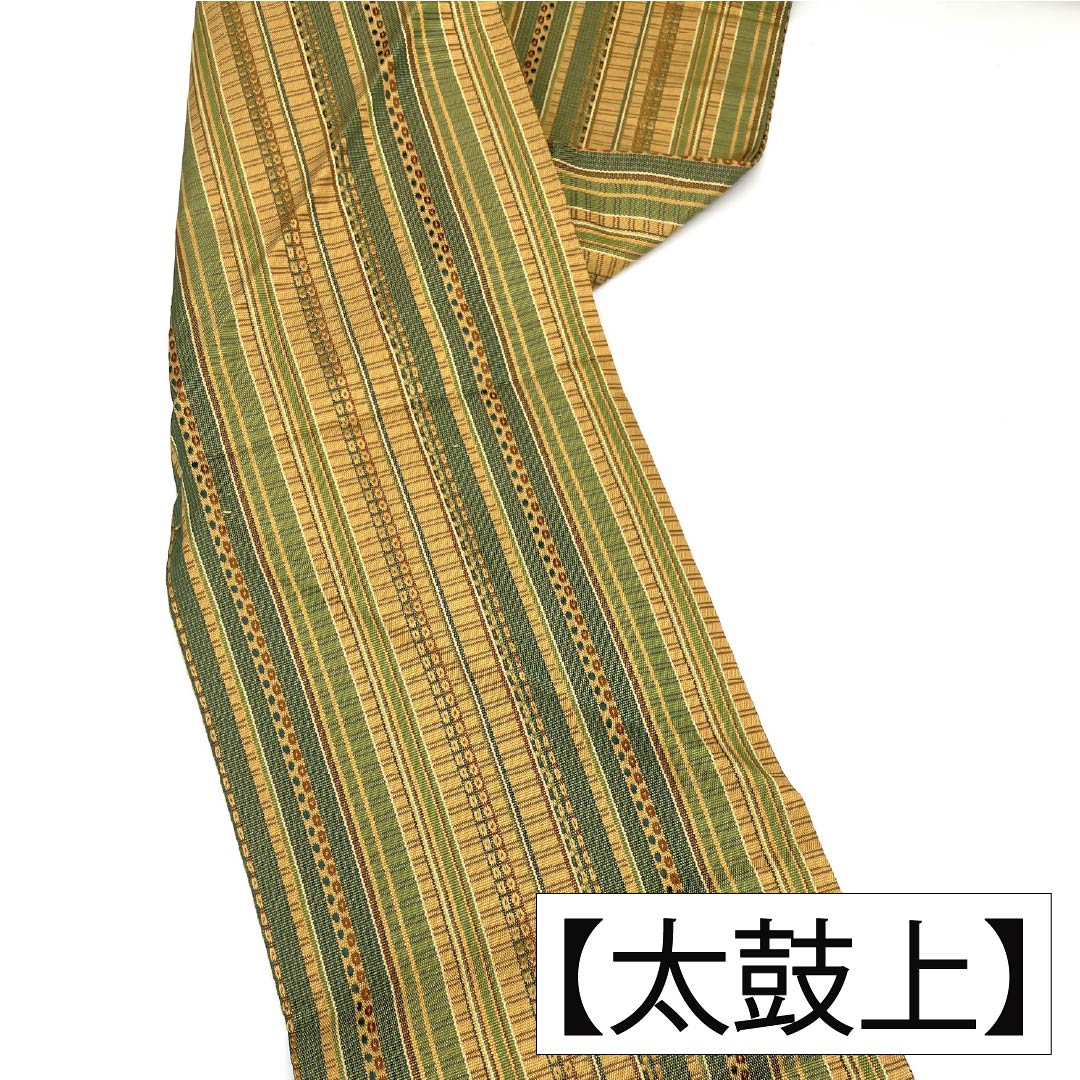 Nagoya obi, genuine silk, A rank, Nagoya tailoring, taupe/green, striped, geometric pattern, obi length 370cm, full pattern, casual, gradient, 1124011633399