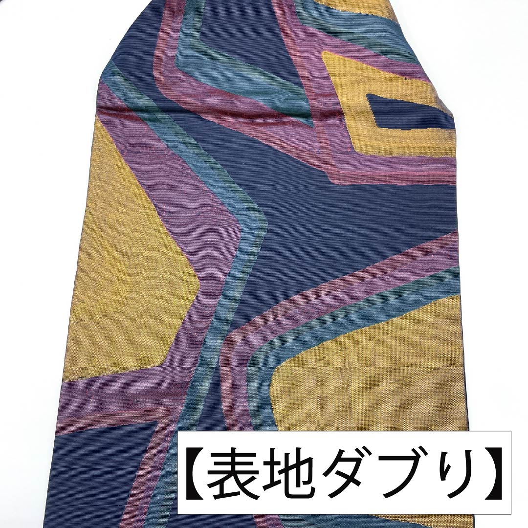 名古屋帯 正絹 Aランク 名古屋仕立て 青褐色（あおかちいろ） 抽象柄 帯丈347cm 六通 カジュアル 紺系 1124012353318