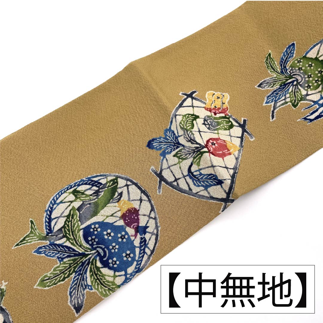 名古屋帯 正絹 Aランク 名古屋仕立て 胡桃色（くるみいろ） 型染 古典柄 野菜 帯丈362cm 全通 カジュアル ベージュ系 1124012123325