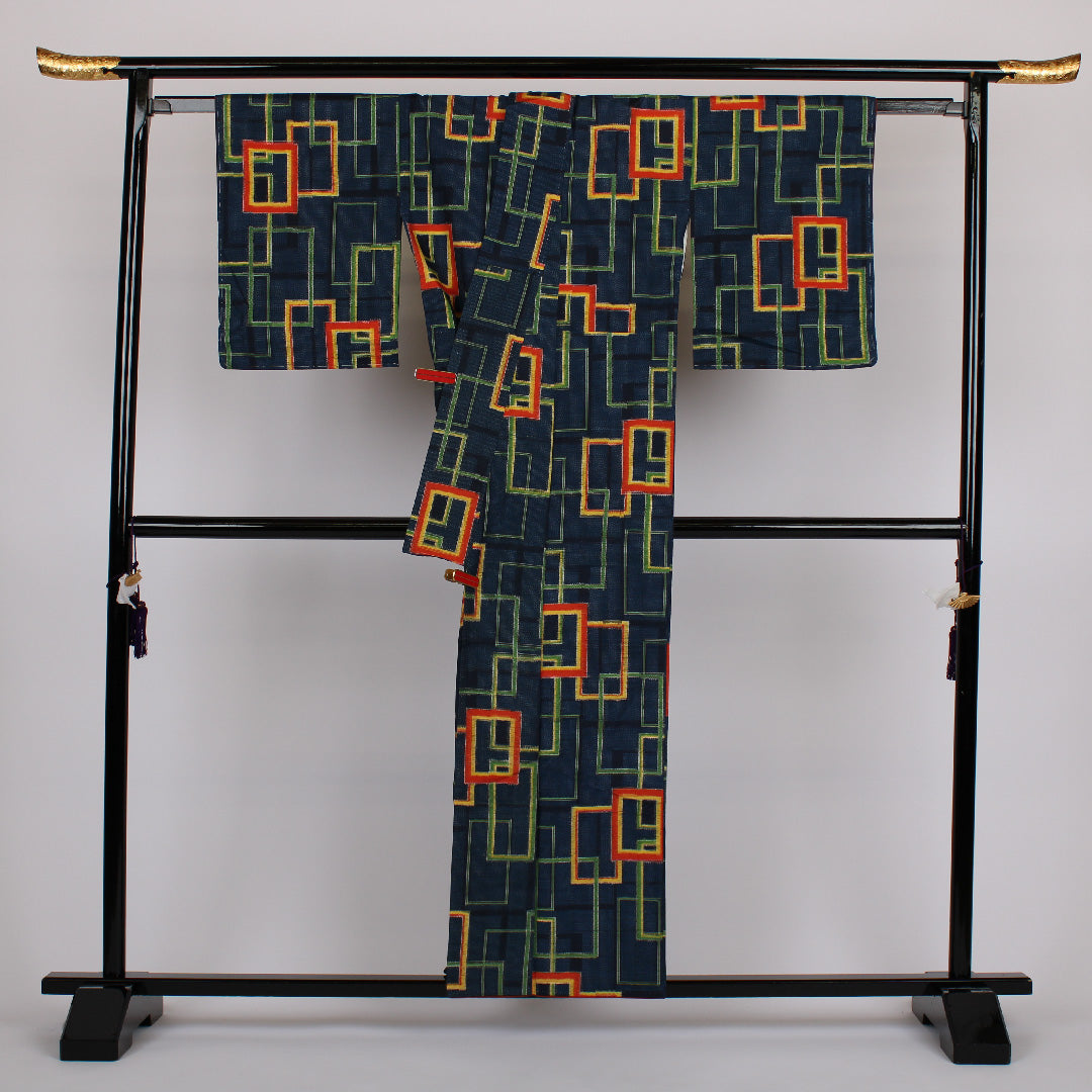 Tsumugi, Length 158cm, Sleeve length 62.5cm, Square joint, Pure silk, Excellent condition, Awase, Navy, 1116000082318