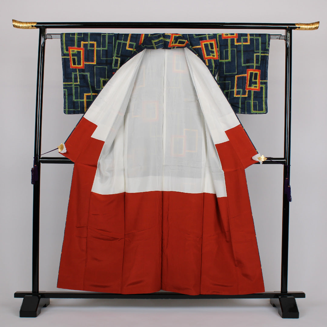 Tsumugi, Length 158cm, Sleeve length 62.5cm, Square joint, Pure silk, Excellent condition, Awase, Navy, 1116000082318
