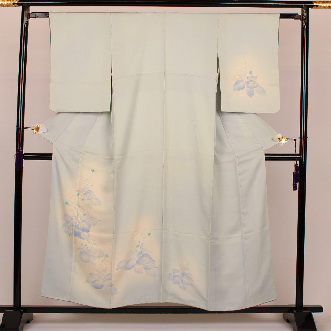 Homongi, Length 156cm, Sleeve length 61cm, Flowers, Pure silk, Lined, Blue, 1112000122317
