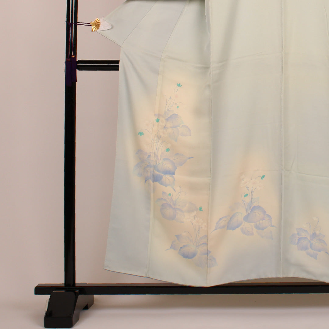 Homongi, Length 156cm, Sleeve length 61cm, Flowers, Pure silk, Lined, Blue, 1112000122317