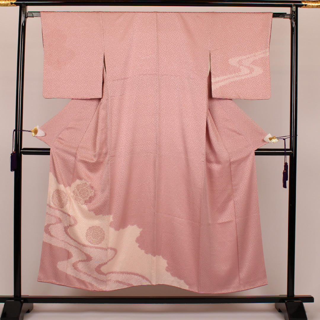 Homongi (formal kimono) Length 152cm Sleeve length 63cm Flowing water and mirror pattern Pure silk Shibori A-lined A-rank Purple 1112000223220
