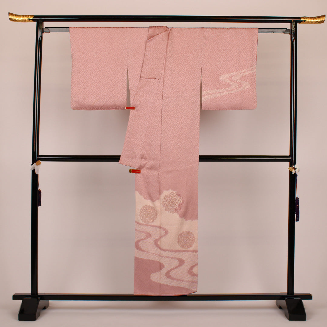 Homongi (formal kimono) Length 152cm Sleeve length 63cm Flowing water and mirror pattern Pure silk Shibori A-lined A-rank Purple 1112000223220