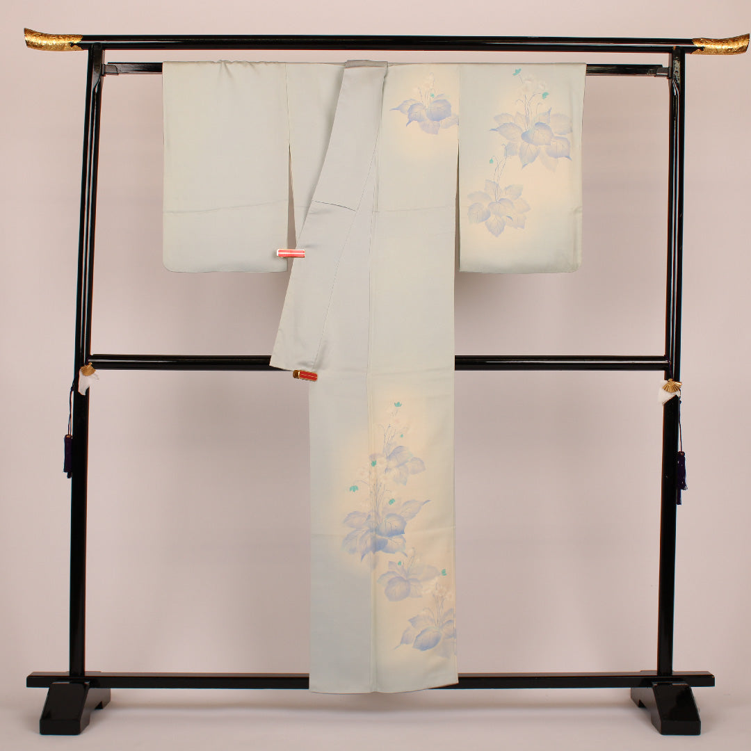 Homongi, Length 156cm, Sleeve length 61cm, Flowers, Pure silk, Lined, Blue, 1112000122317