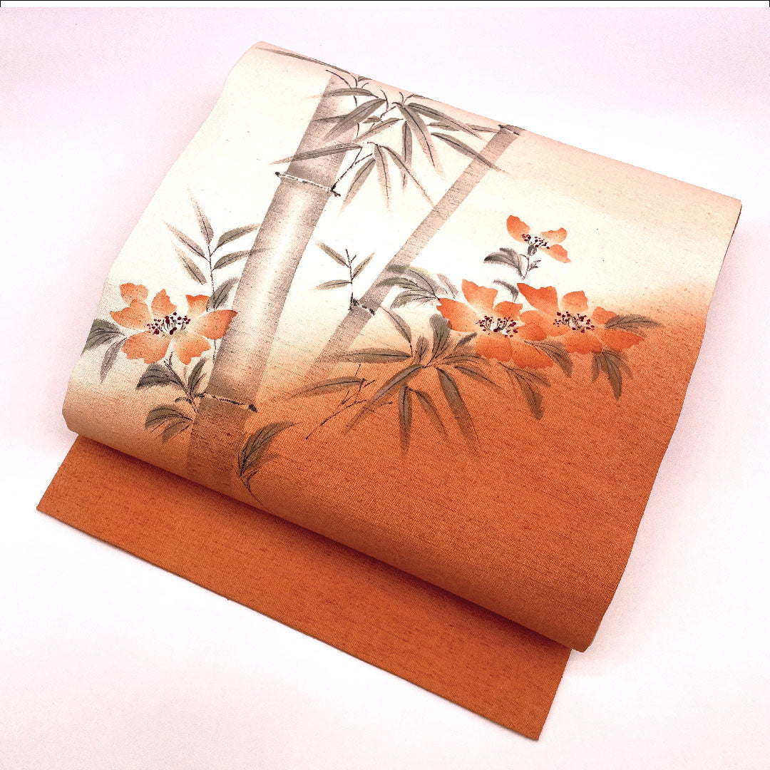 Nagoya obi with certificate, authentic Yuki Tsumugi, handwritten, floral, bamboo, obi length 376cm, pure silk, S rank, point pattern, casual, vermilion, 1124000412316, Nagoya tailoring