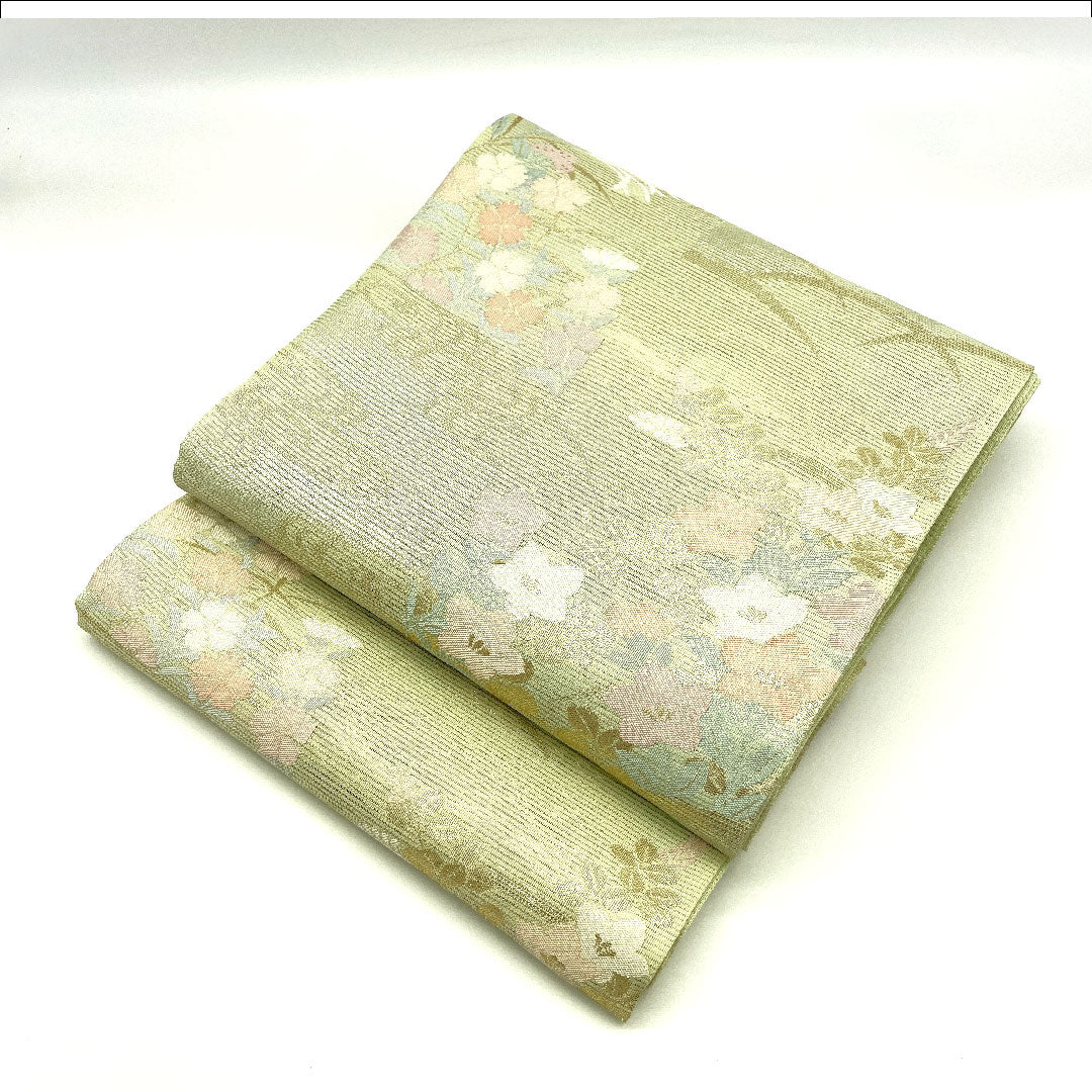 [Unfinished] Fukuro obi, genuine silk, S rank, Nishijin Maizuru, Ro Natsuobi, autumn grasses, obi length 442cm, Rokutsu, formal, green family, 1123002392319