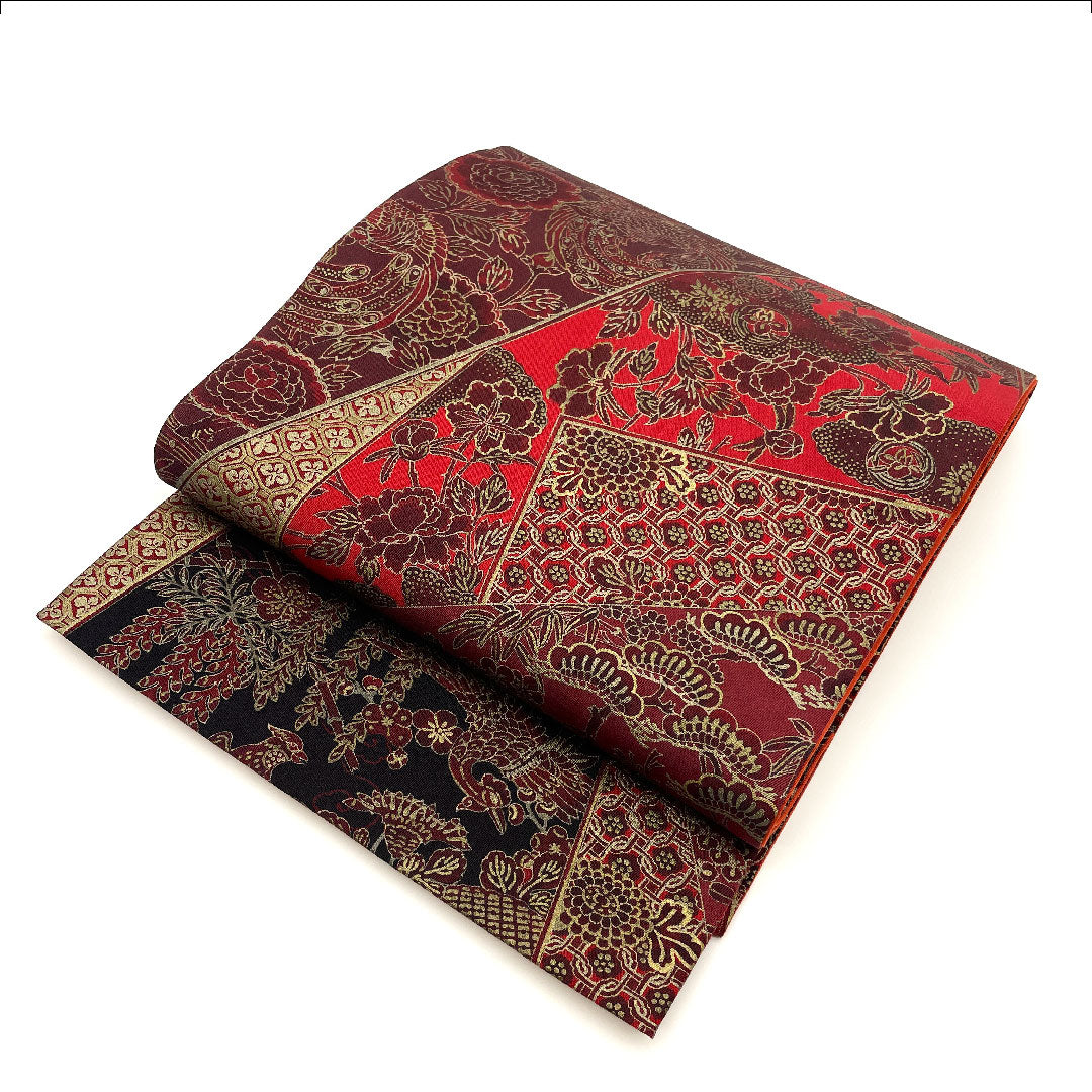 Authentic Oshima striped obi with pine, bamboo, plum and phoenix patterns, obi length 450cm, pure silk, S rank, full length, casual, red, 1123001982312