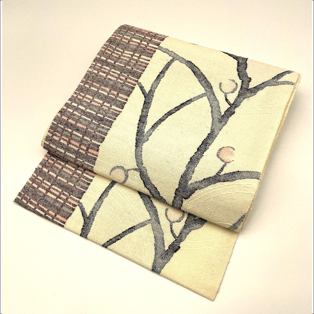 Nagoya obi, silk pongee, branch bud pattern, obi length 359cm, pure silk, S rank, six-pass, casual, cream color, 1124000272315, pine needle style