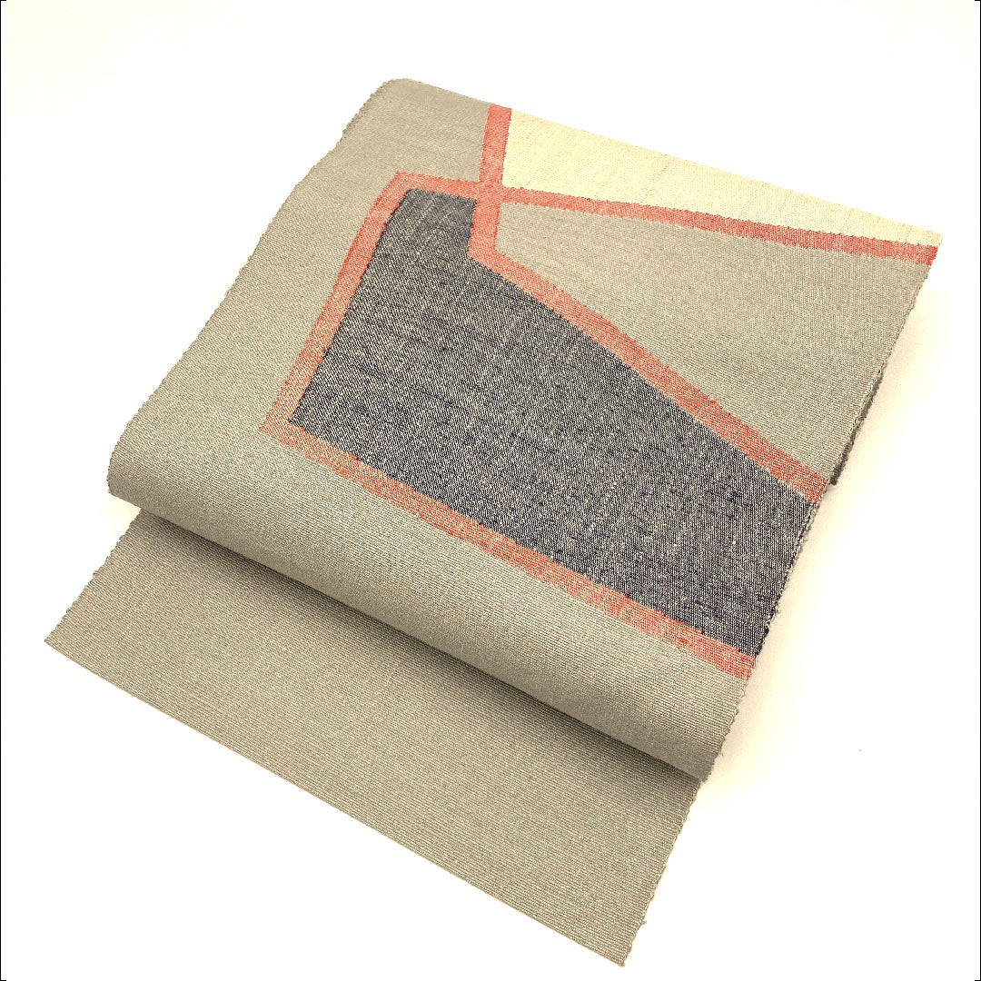 Nagoya obi, hand-woven tsumugi, abstract pattern, obi length 377cm, pure silk, S rank, point pattern, casual, gray, 1124000292322, pine needle style
