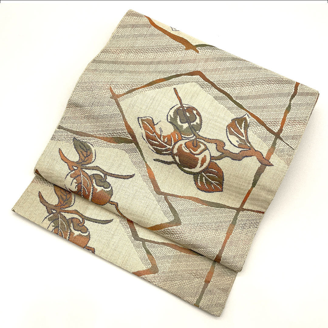 Nagoya obi, authentic Chikuzen Hakata, persimmon pattern, obi length 367cm, pure silk, S rank, six-pass, casual, brown, 1124000352314, Nagoya tailoring